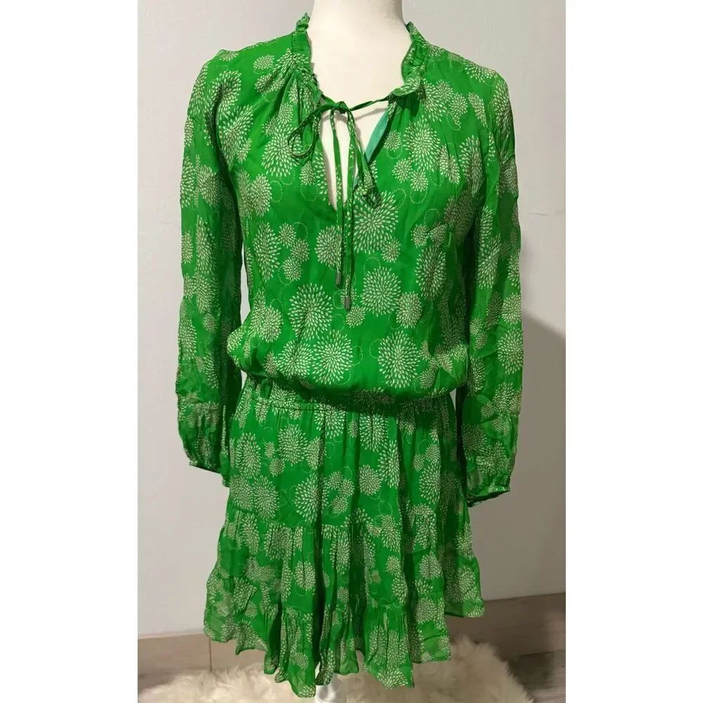 Karina Grimaldi green white print long sleeve mini dress S